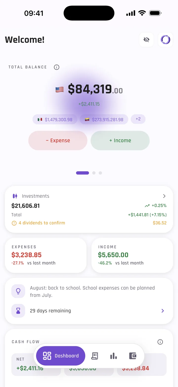 AuraWallet home screen showing the total balance in dollars with Mexican and Colombian peso balances below