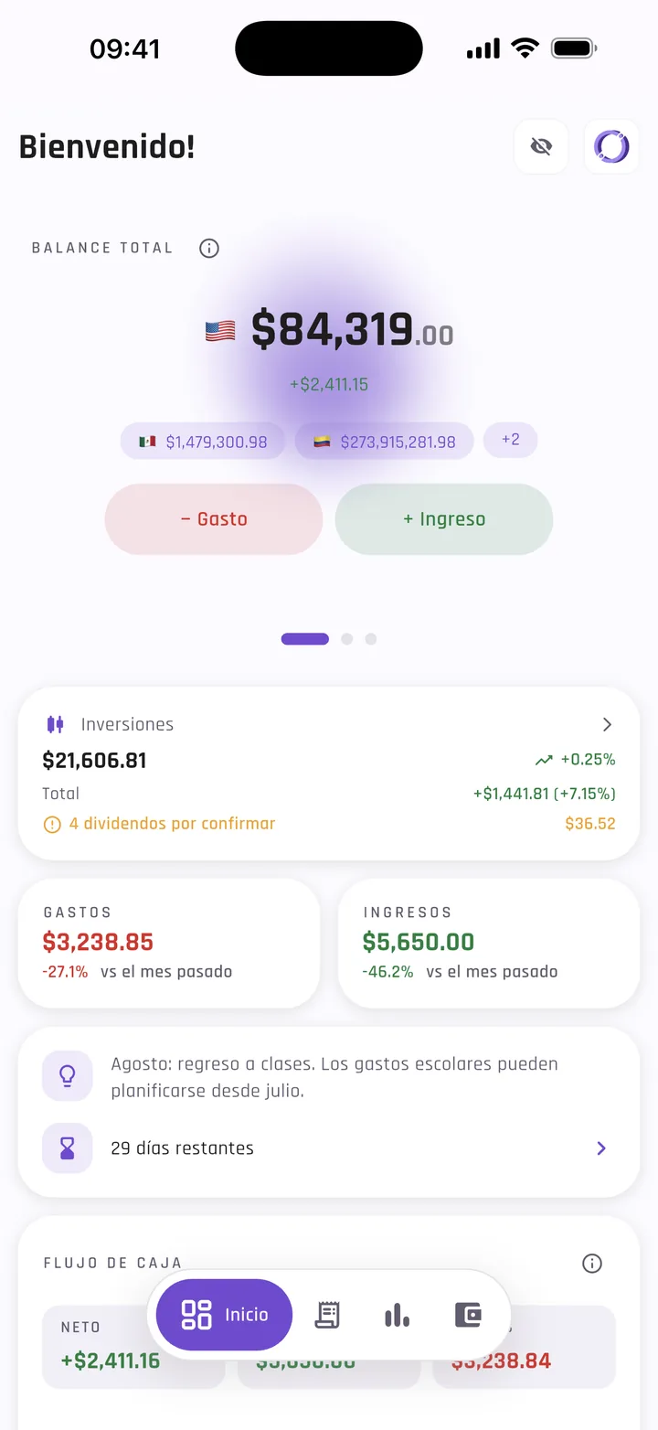 Pantalla de inicio de AuraWallet con el saldo total en dólares y los saldos en pesos mexicanos y colombianos debajo