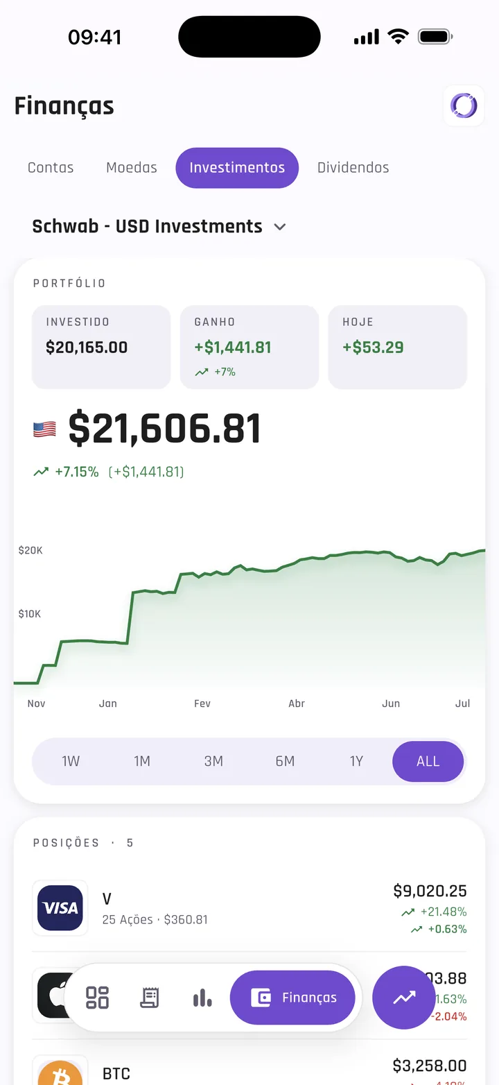 Tela de investimentos do AuraWallet com o valor da carteira, o gráfico de evolução e a lista de posições